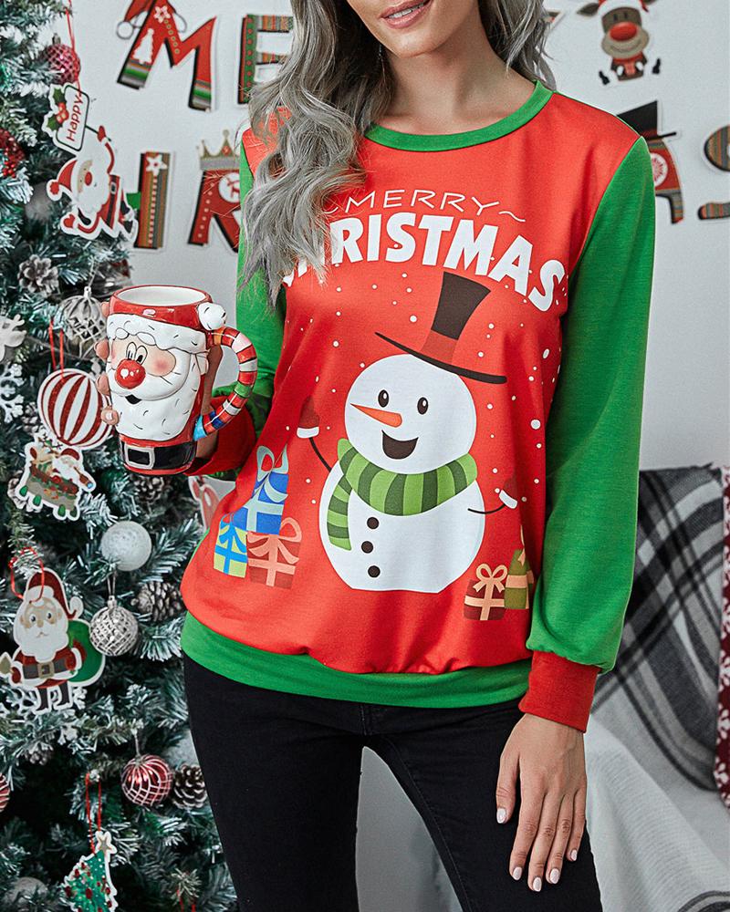 

Christmas Mixed Print Colorblock Long Sleeve Top, Style1