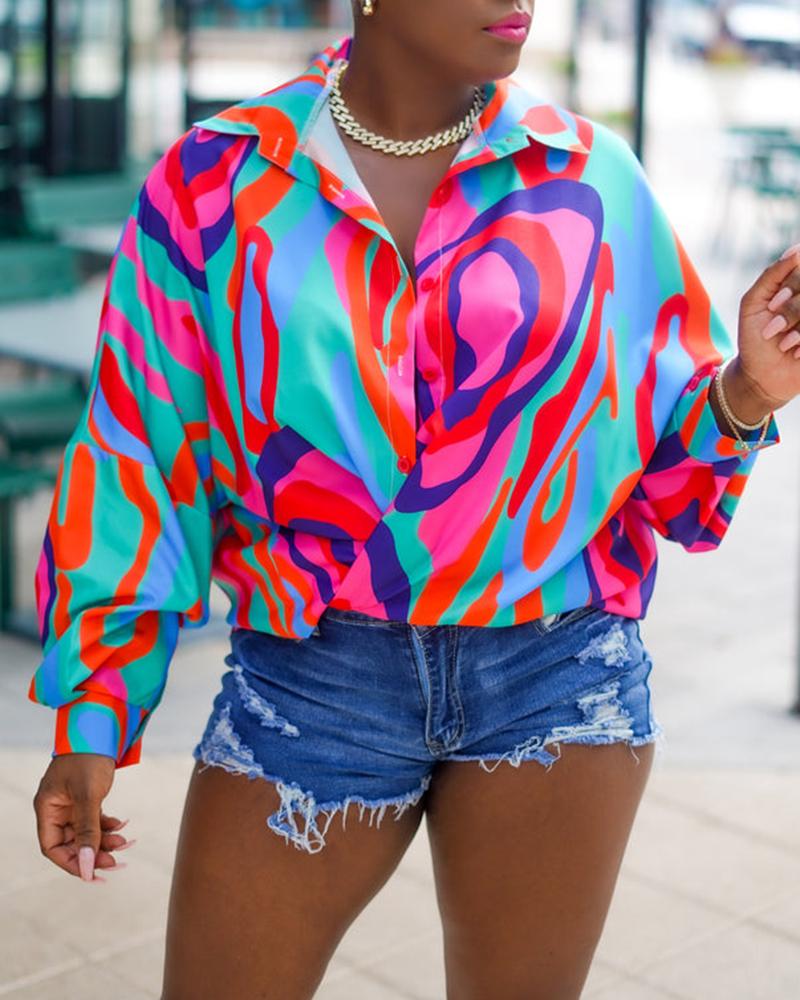 

Multi-Color Abstract Print Buttoned Casual Blouse, Multicolor