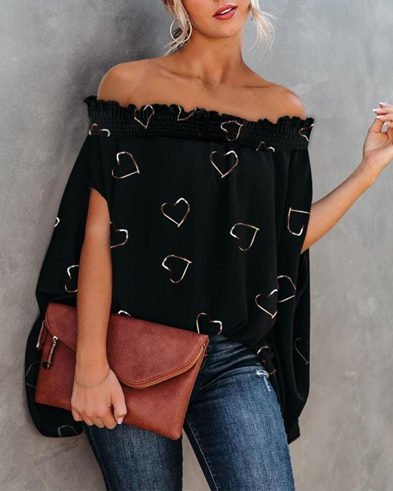 

Heart Print Shirred Off Shoulder Cape Design Top, Black