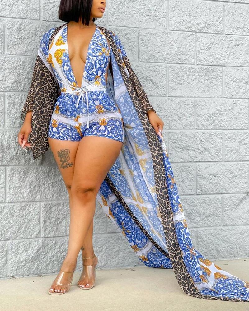 

All Over Print Halter Sleeveless Skinny Romper With Coat Suit Sets, Blue