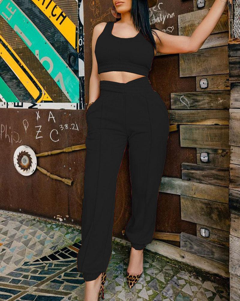 

Crop Tank Top & Criss Cross Pocket Pants Sports Set, Black