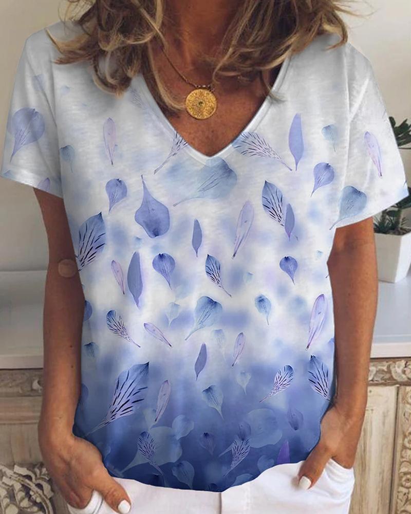 

Leaf Print Colorblock Short Sleeve T-shirt, Blue
