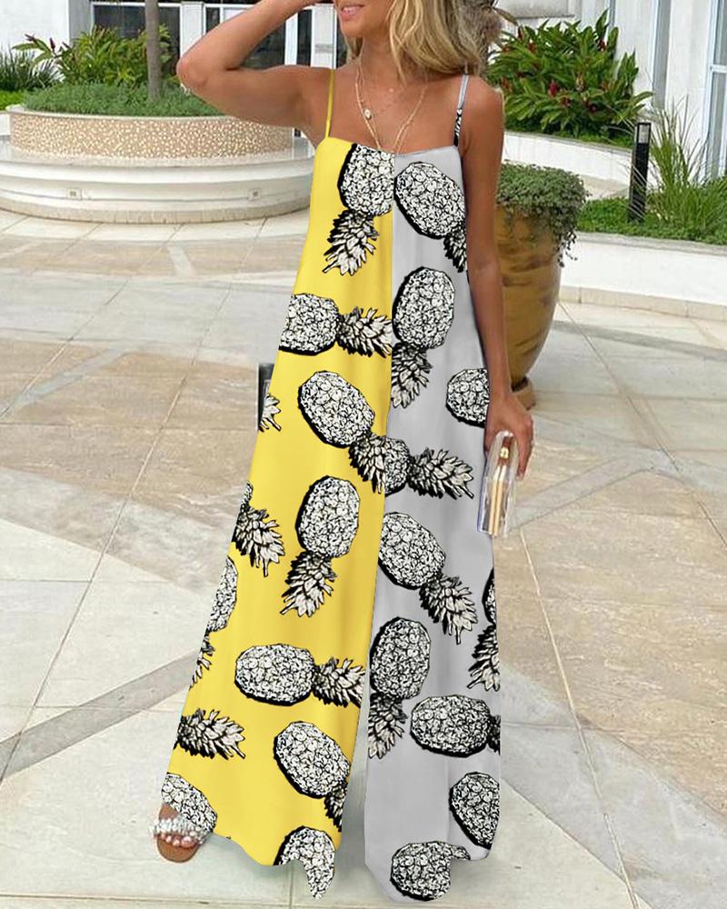 

Pineapple Print Colorblock Spaghetti Strap Wide Leg Jumpsuit, Yellow