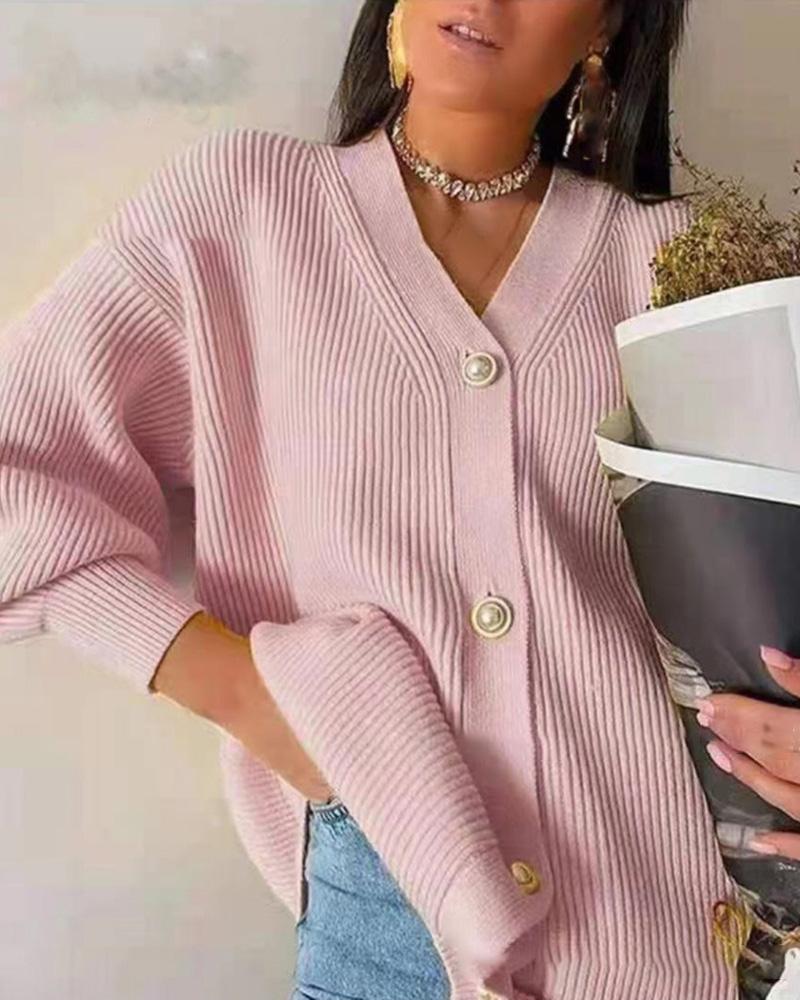 

Lantern Sleeve Button Front Cardigan, Pink