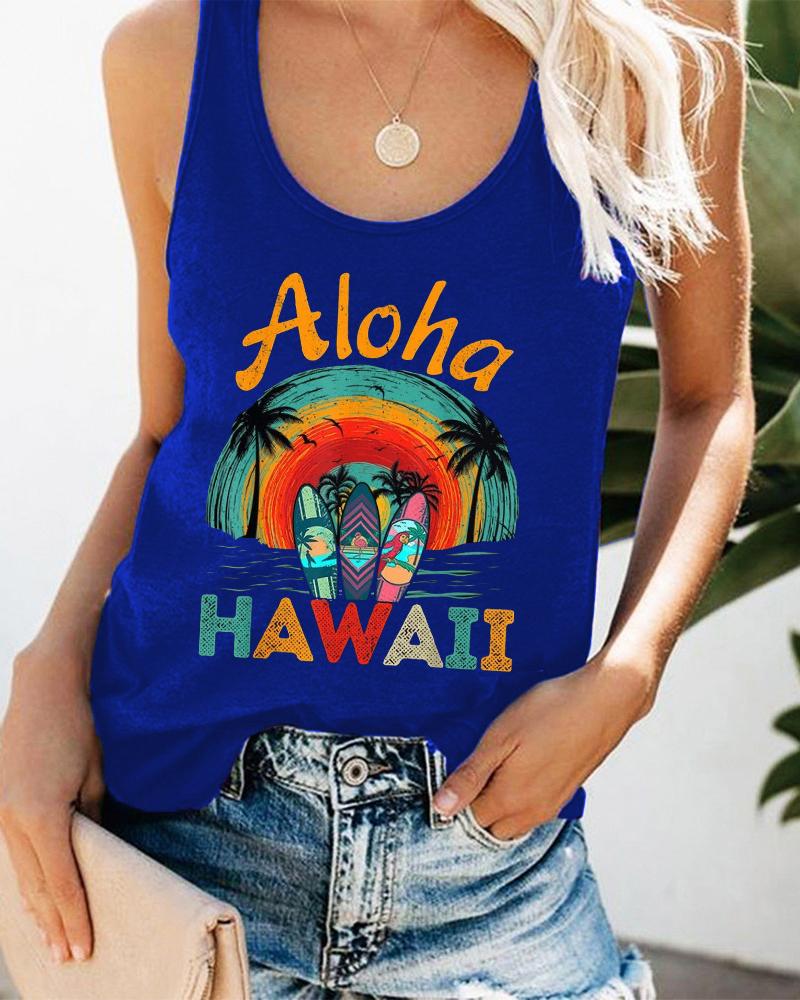 

Landscape Coconut Tree Letter Print Graphic Tee Summer Beach Vest Tank Top, Blue