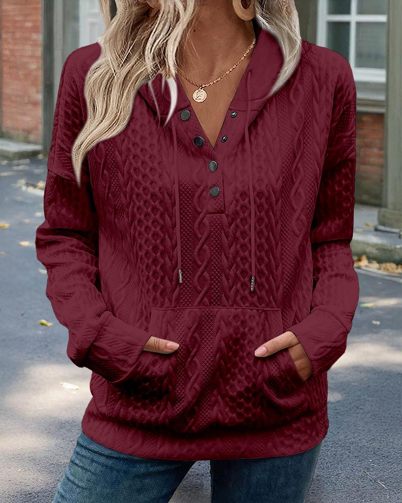 

Long Sleeve Half Snap Buttons Front Drawstring Hoodie Sweatshirt Casual Kangaroo Pocket Drop Shoulder Cable Textured Top, Wine red