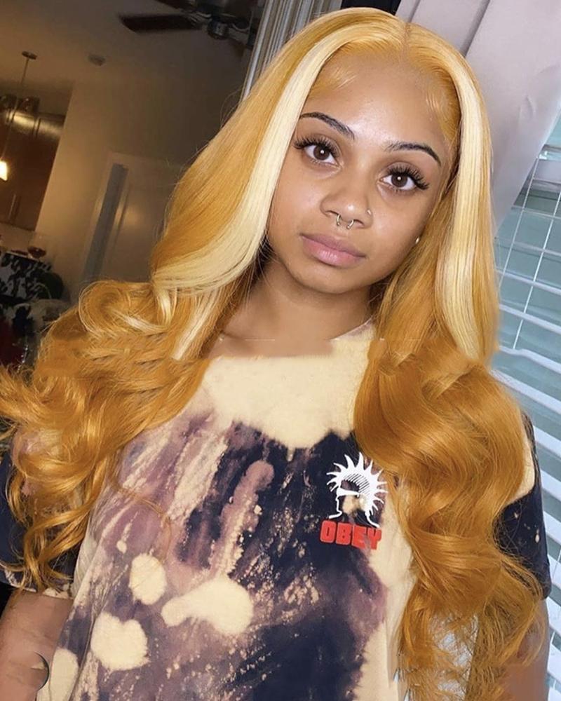 

Synthetic Wig Wavy Middle Part Lace Front Wig Blonde Ombre Long Gold Synthetic Hair