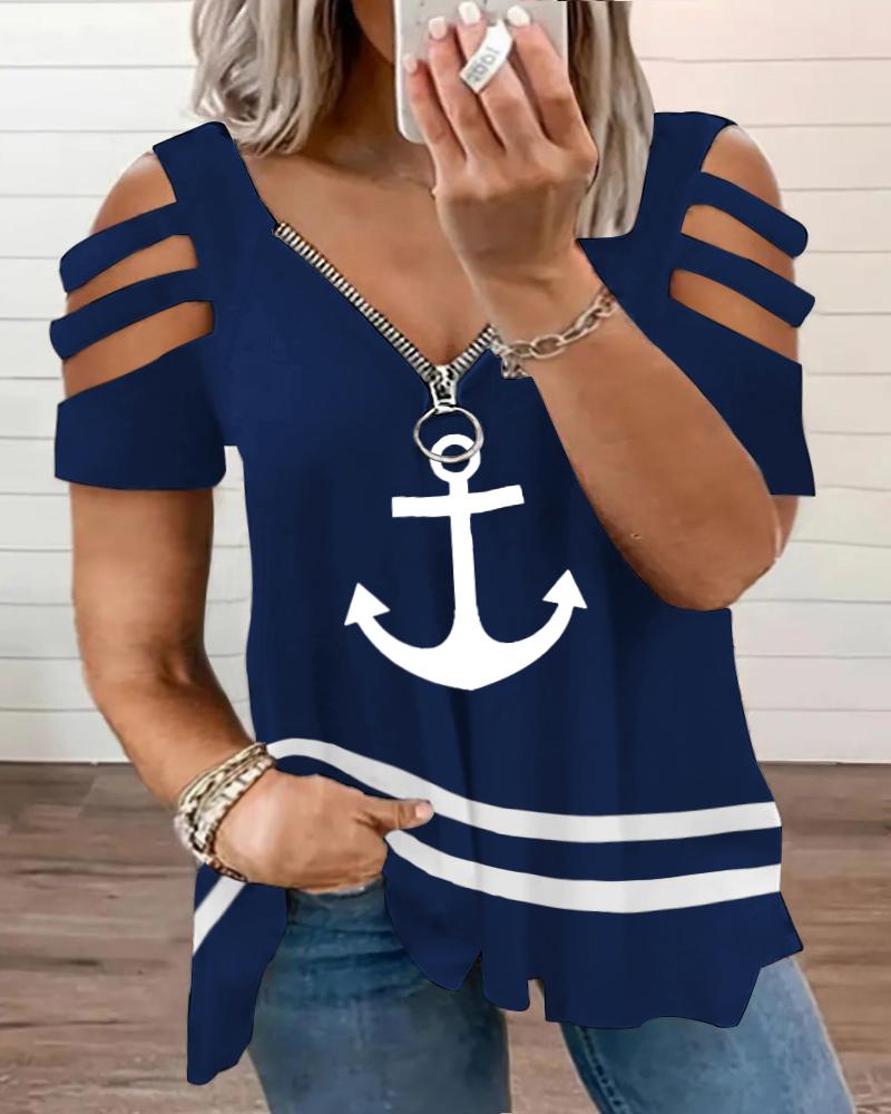 

Plus Size Anchor Print Striped Colorblock Cutout Zipper Design T-Shirt, Blue