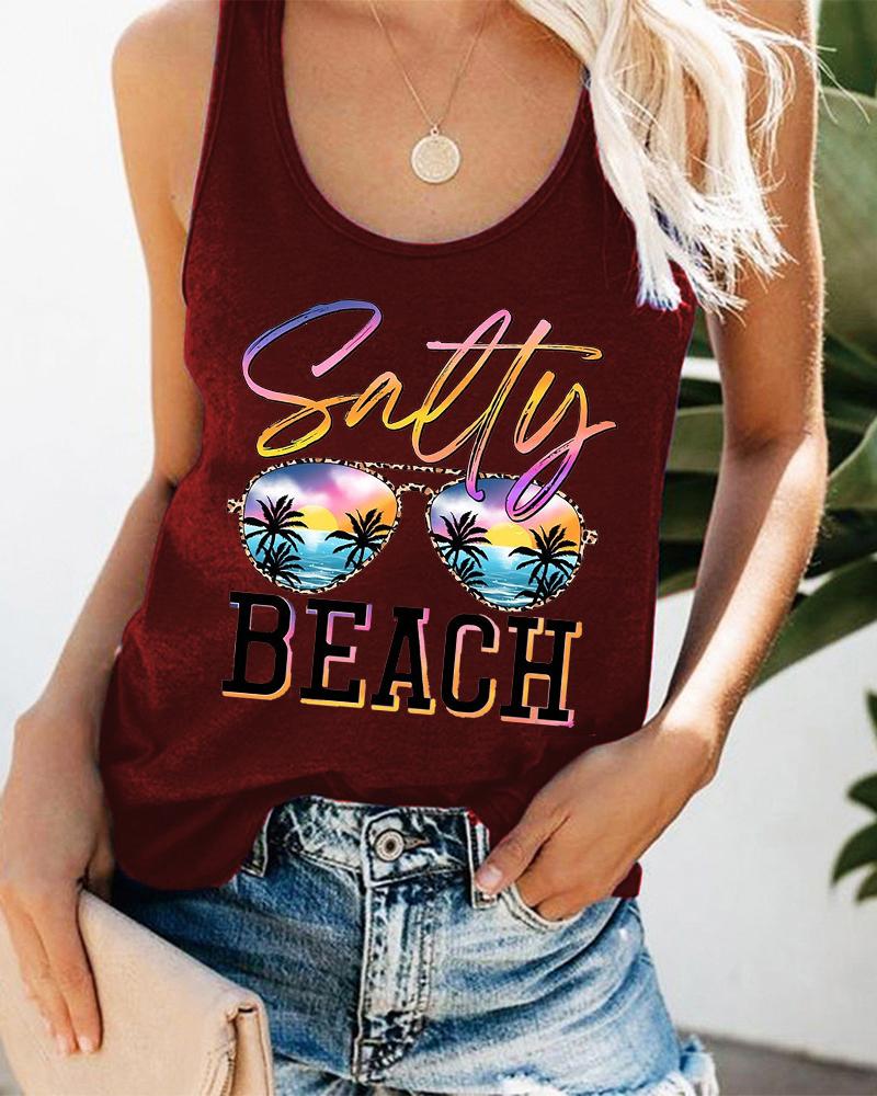 

Sunglasses Beers Coconut Tree Landscape Print Graphic Tee Summer Beach Vest Tank Top, Wine red