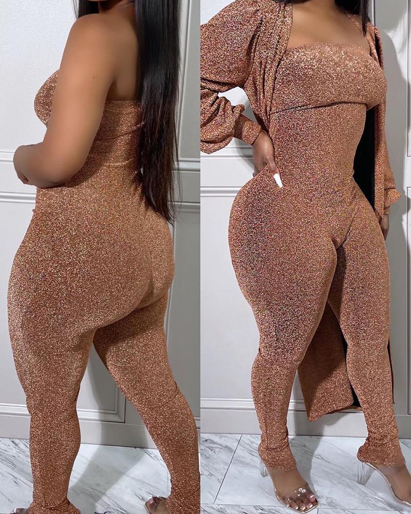 

Glitter Bandeau Jumpsuit & Longline Coat Set, Brown