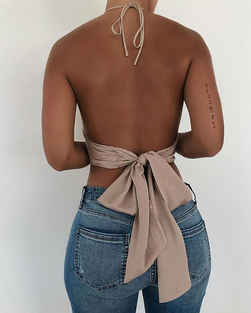 

Tie Up Design Halter Sleeveless Top, Coffee