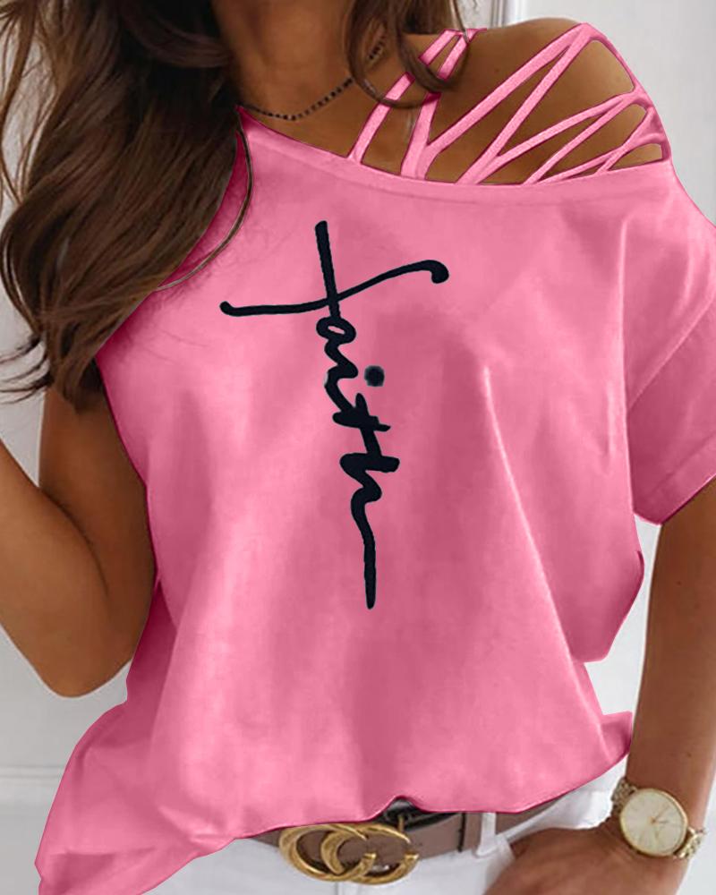 

Letter Print Cutout Strappy Short Sleeve T-shirt, Pink