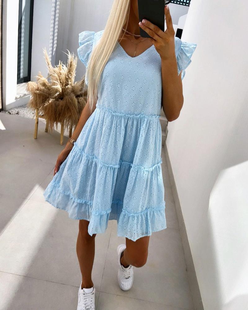 

Eyelet Embroidery Flutter Sleeve Smock Dress, Lighted blue