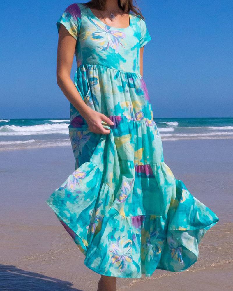 

Floral Print Ruffle Hem Short Sleeve Maxi Dress, Blue