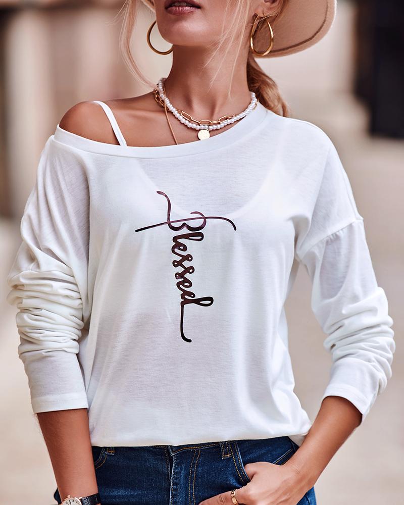 

Letter Print Long Sleeve Casual Top, White