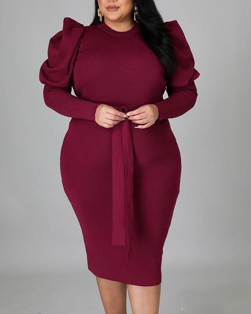 

Plus Size Gigot Sleeve Belted Work Dress, Wine red