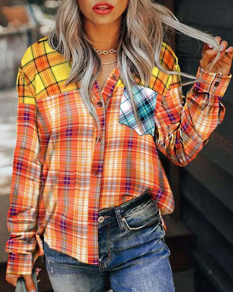 

Plaid Print Long Sleeve Button Down Shirt, Orange