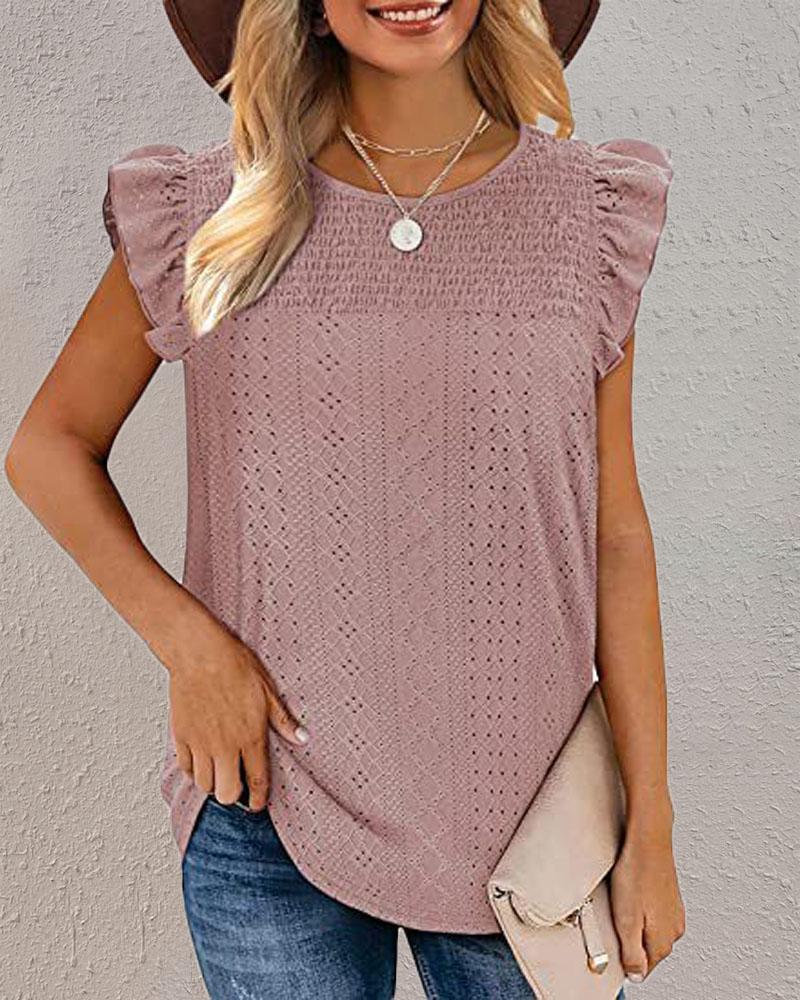 

Eyelet Embroidery Ruffle Hem Shirred Tank Top, Pink