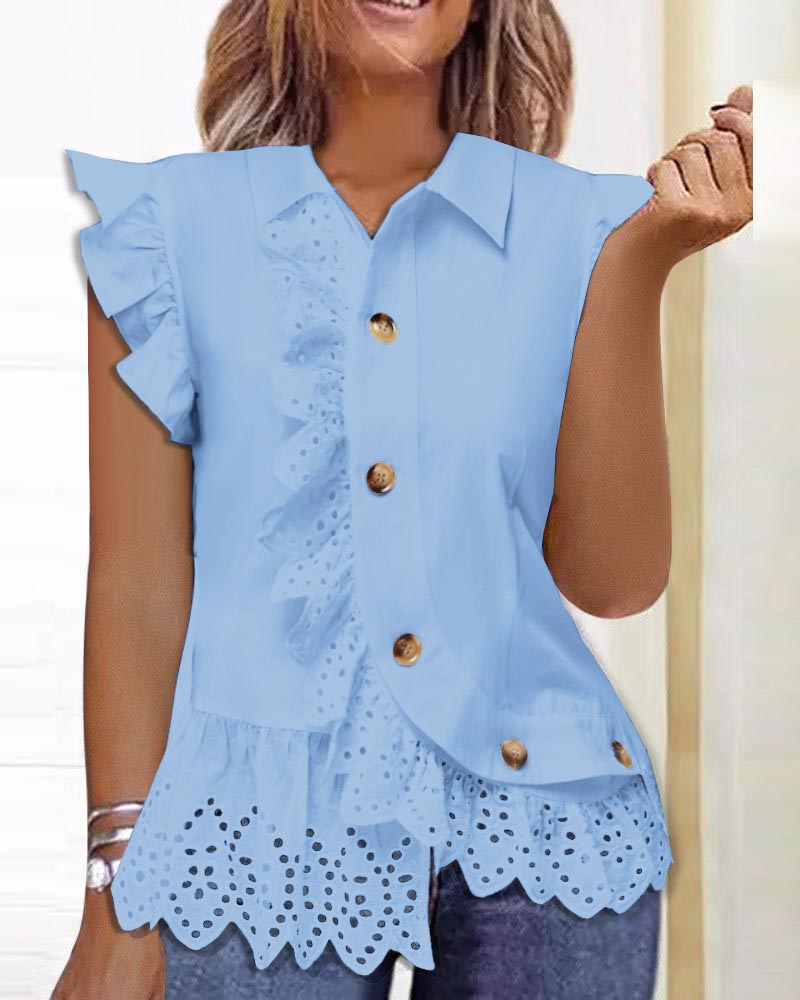 

Flutter Sleeve Lace Patch Buttoned Top, Lighted blue