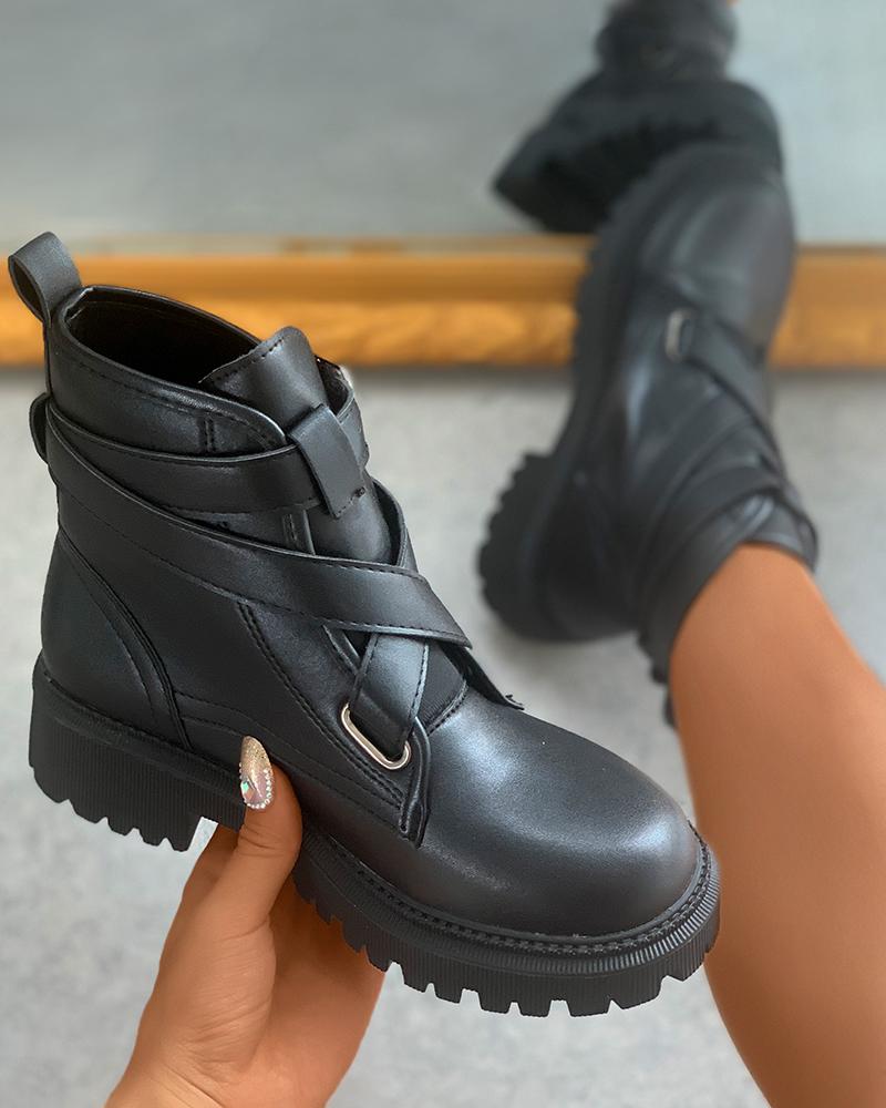 

Bandage Buckled Flatform Combat Boots, Black