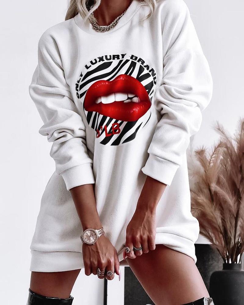 

Lip Letter Print Long Sleeve Casual Dress, White