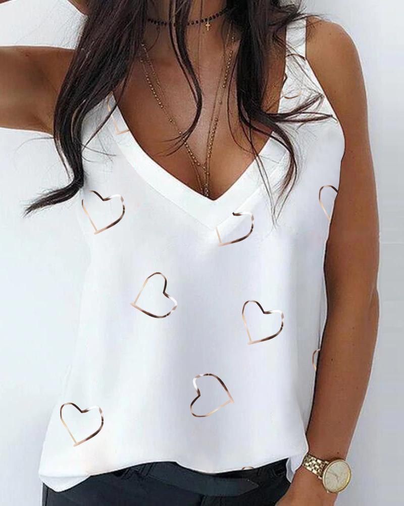 

Heart Print V-Neck Casual Tank Top, White