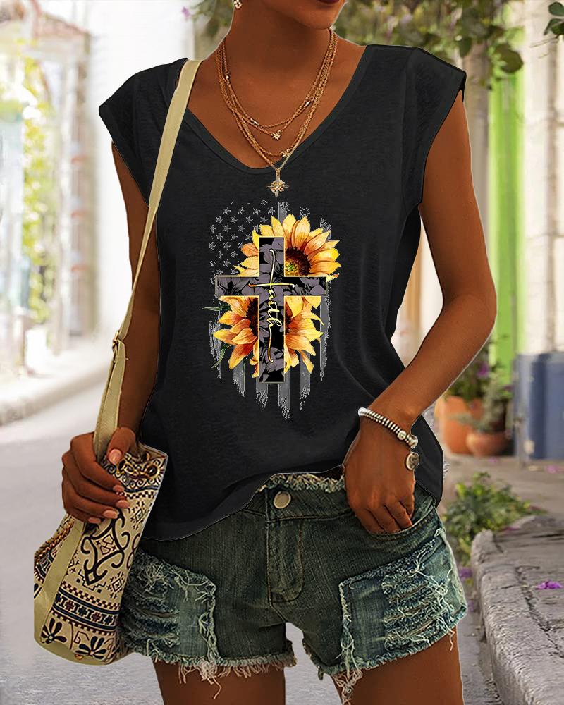 

Independence Day Flag Sunflower Cross Faith Print Cap Sleeve T-shirt, Black