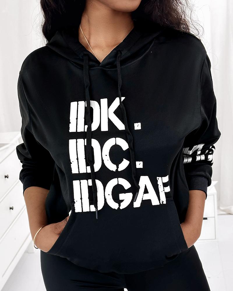 

Letter Print Long Sleeve Casual Hoodie, Blackwhite
