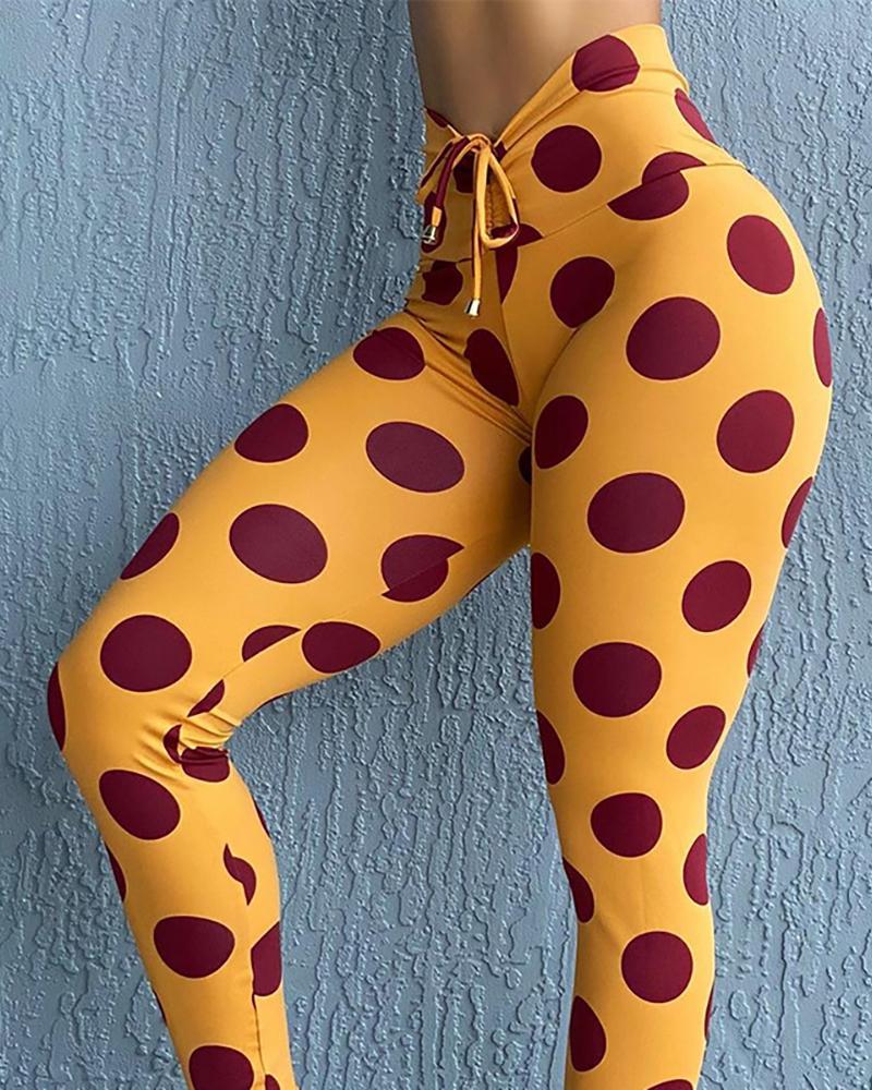 

High Rise Drawstring Polkadot Print Butt Lifting Yoga Pants, Yellow