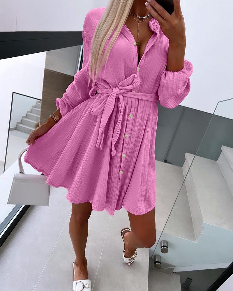 

Tied Detail Buttoned Turn-down Collar Shirt Dress, Pink