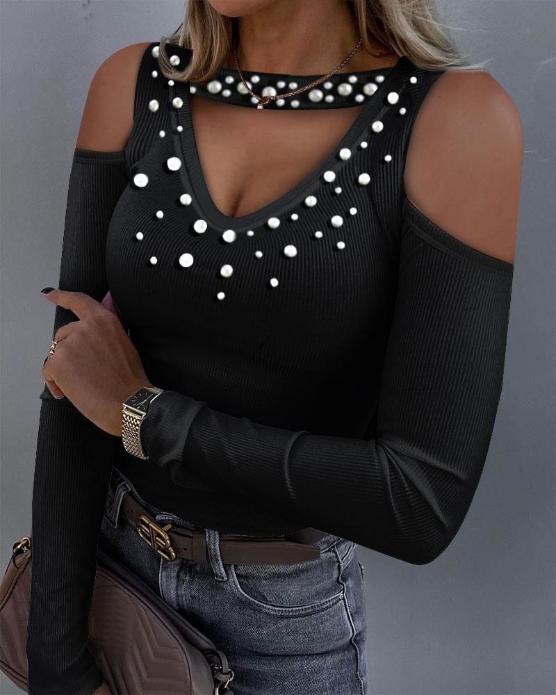 

Beaded Decor Cold Shoulder Ribbed Top, Black