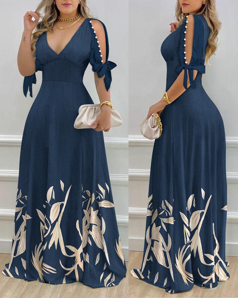 

Plants Prit Split Sleeve Pearls Decor Maxi Dress, Dark blue