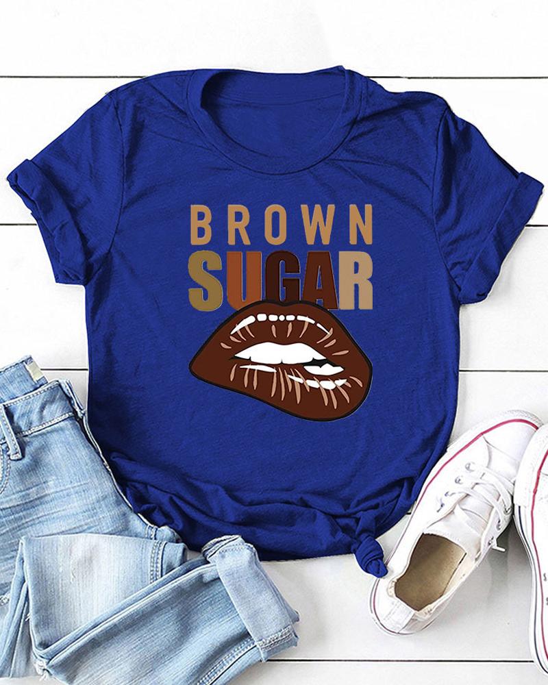 

Short Sleeve Lip Letter Print O Neck Casual T-shirt, Dark blue