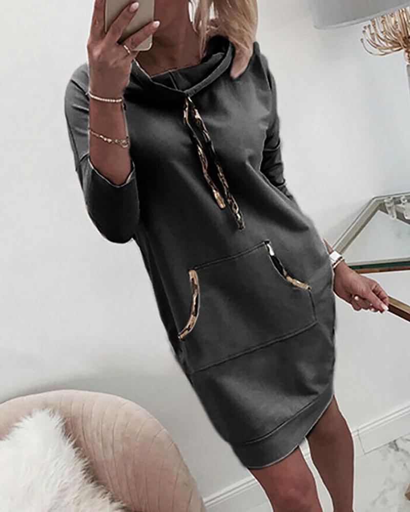

Long Sleeve Pocket Design Drawstring Hooded Top, Dark grey