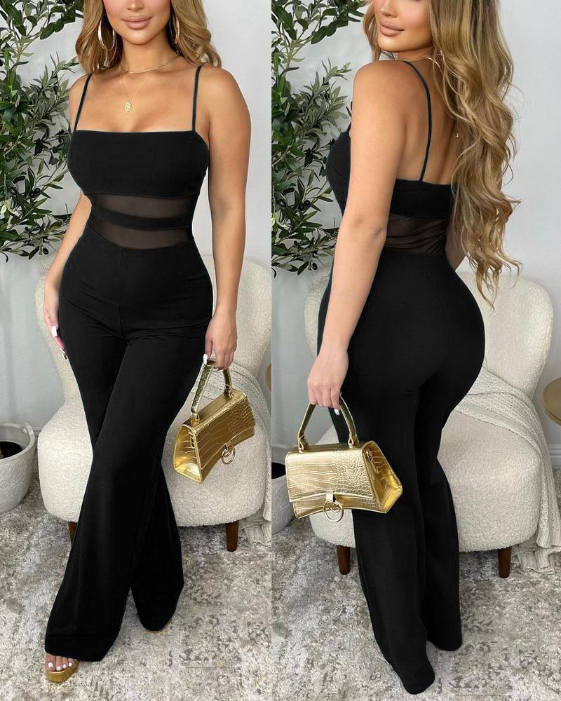 

Contrast Mesh Spaghetti Strap Jumpsuit, Black