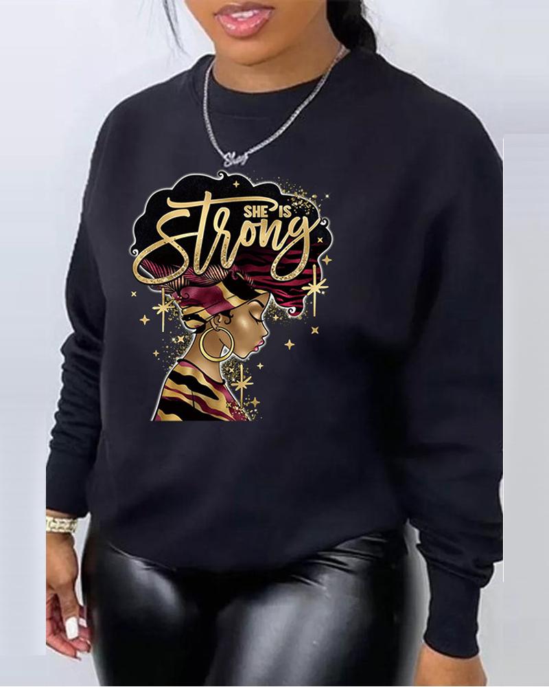 

Plus Size Figure Letter Print Long Sleeve Sweatshirt, Black