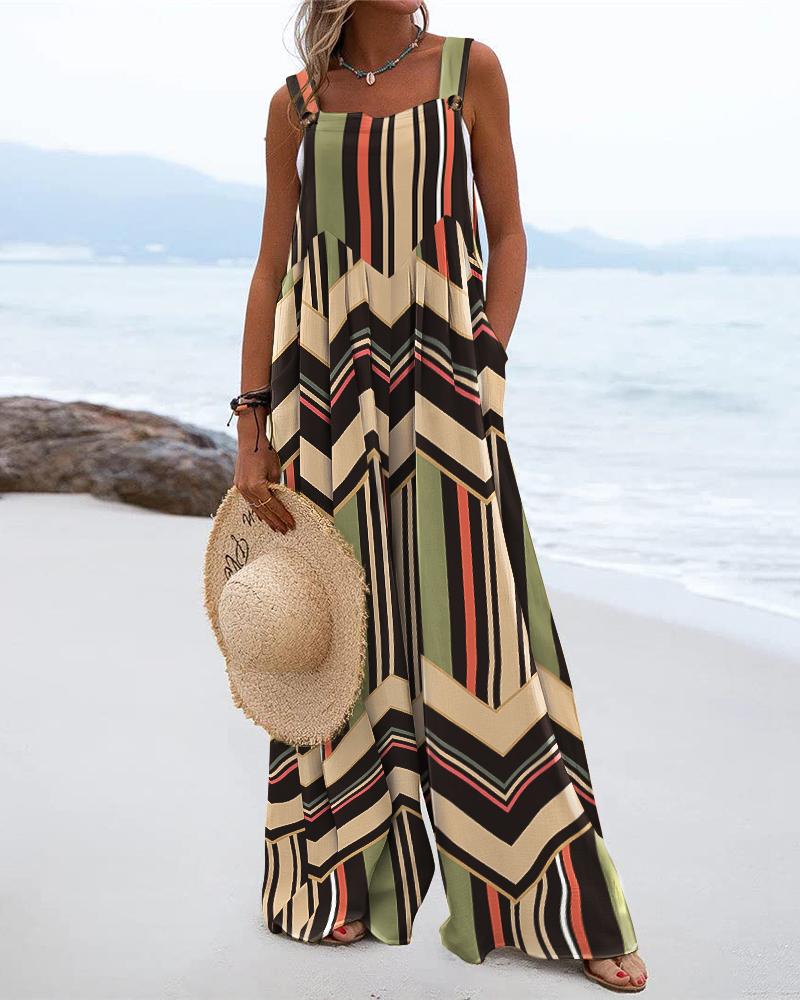 

Striped Chevron Print Wide Leg Suspender Jumpsuit, Multicolor