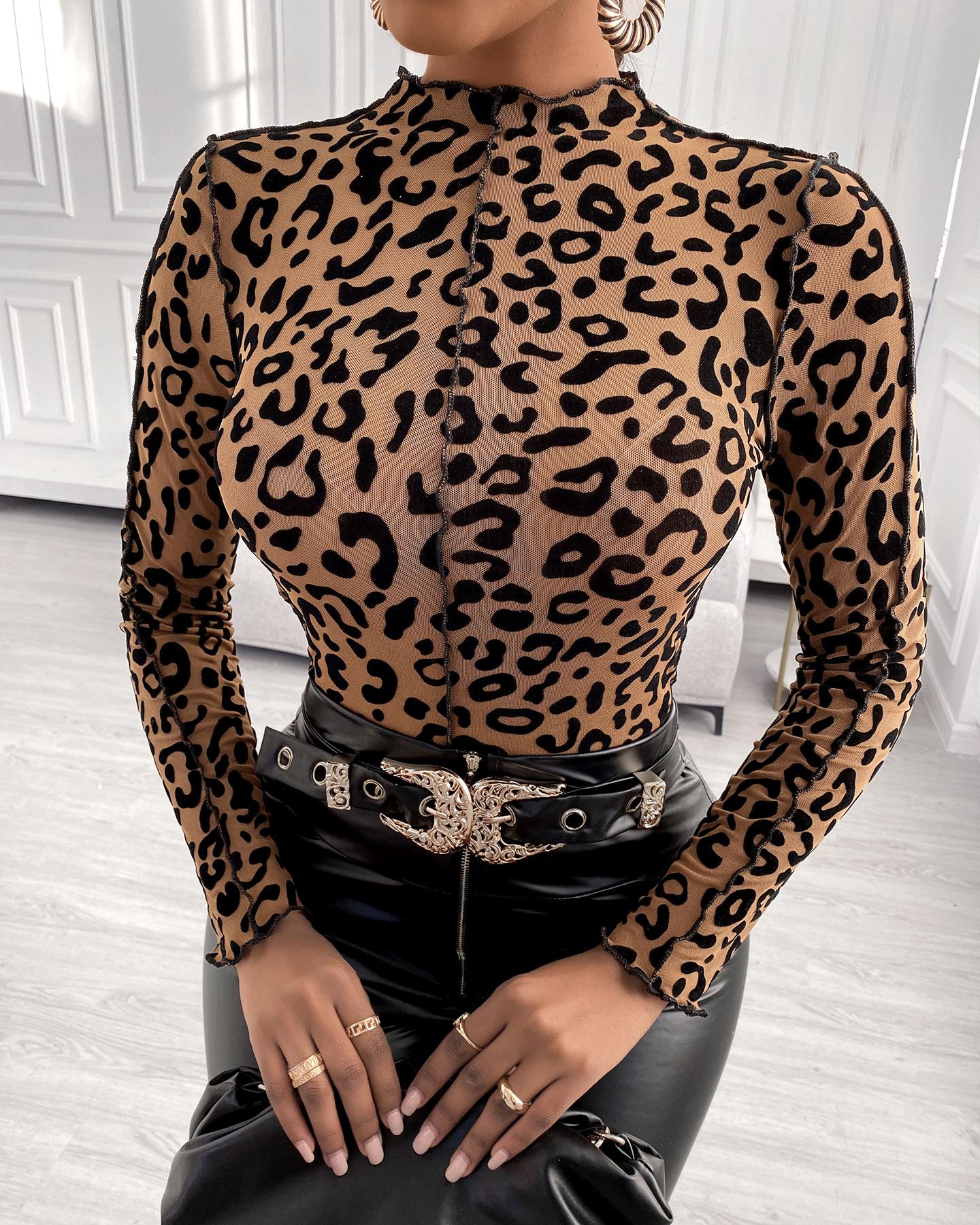 

Leopard Print Long Sleeve Blouse, Brown