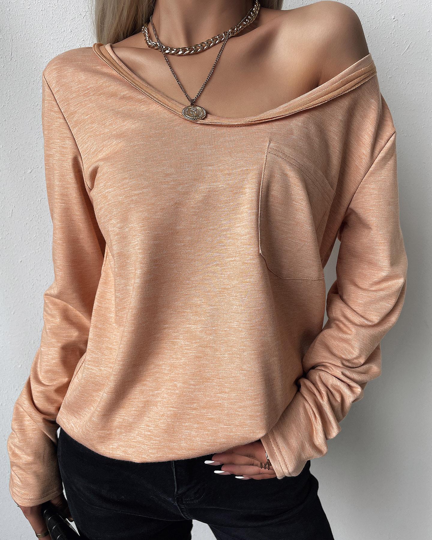 

V-Neck Pocket Design Long Sleeve Top, Khaki