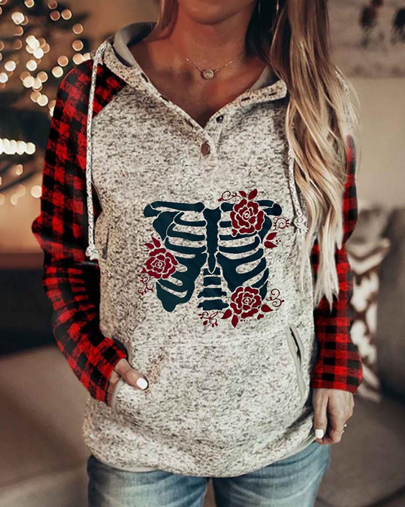 

Valentine' Day Rose Plaid Print Hooded Sweatshirt, Style1