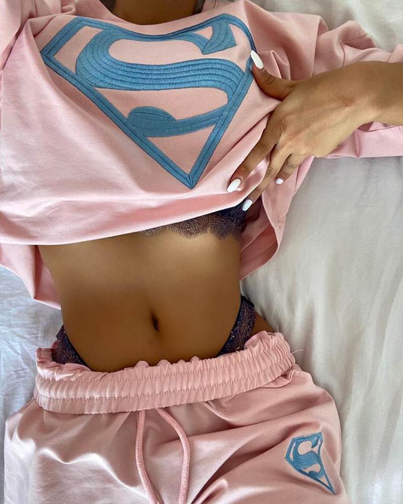 

Superman Pattern Embroidery Top & Drawstring Shorts Set, Pink