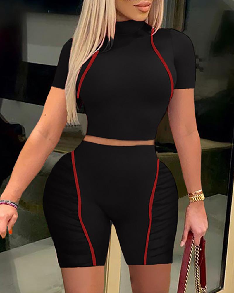 

Colorblock Short Sleeve Skinny Top & Shorts Set, Black