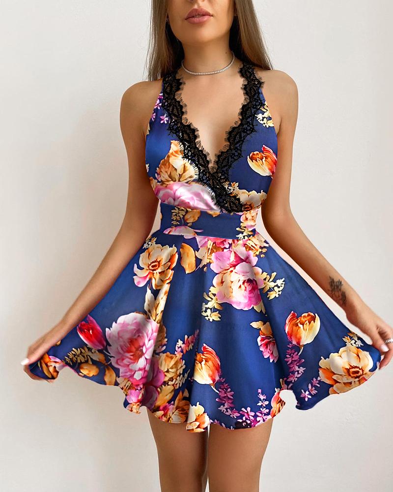 

Contrast Lace Bowknot Tie Waist Plunging Neck Crisscross Backless Satin Cami Dress, Blue