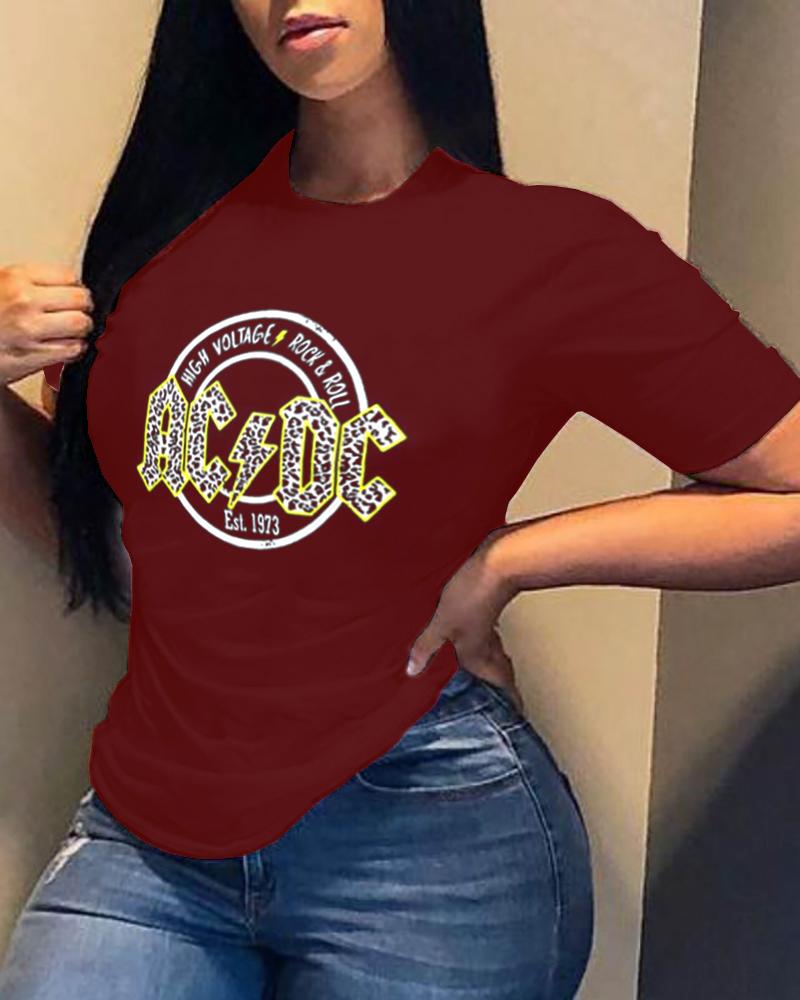 

Letter Print Short Sleeve T-shirt, Wine red