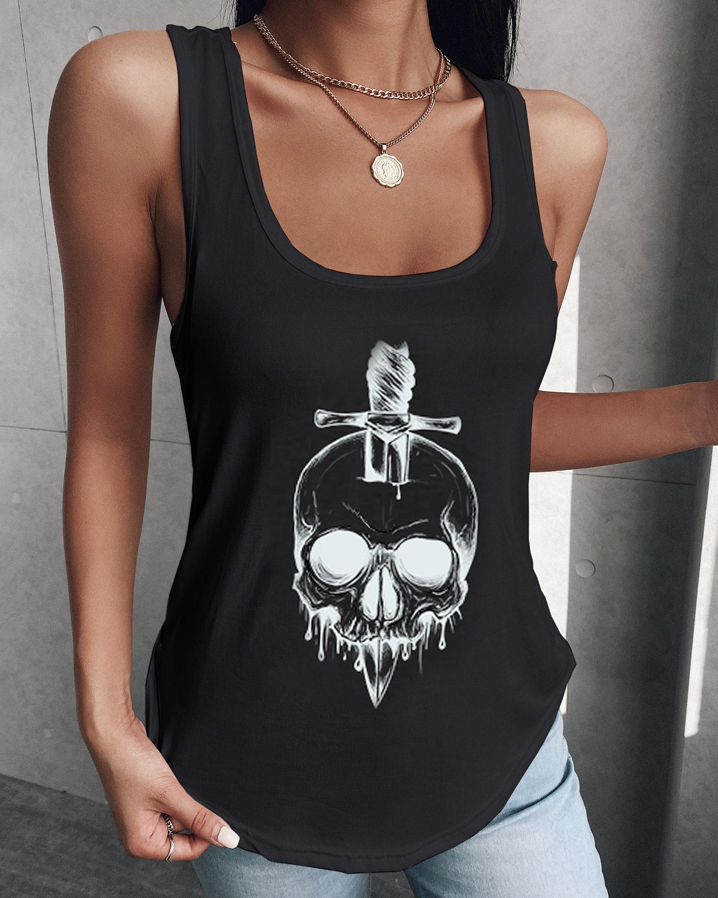

Skull Print U Neck Tank, Black