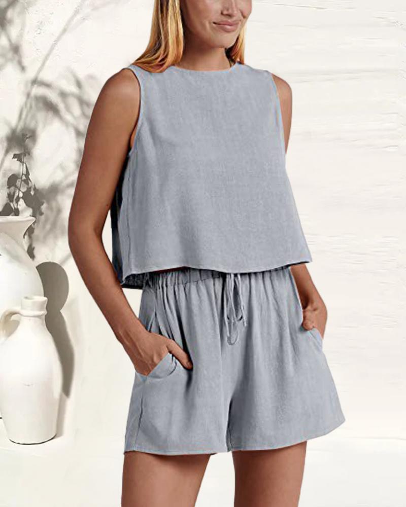 

Sleeveless Top & Drawstring Pocket Design Shorts Set, Gray