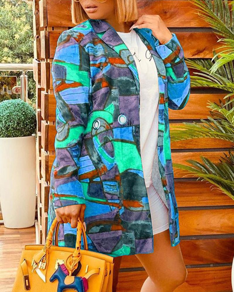 

Plus Size Abstract Print Grommet Eyelet Decor Coat, Blue