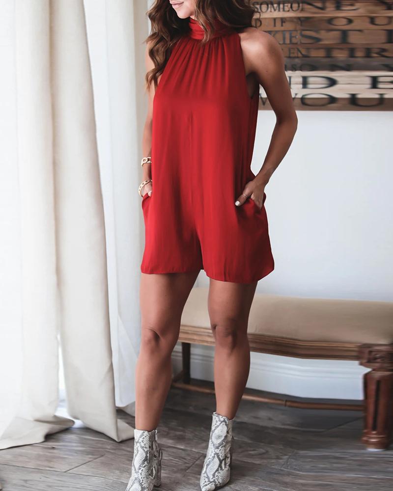 

Halter Sleeveless Pocket Design Romper, Red