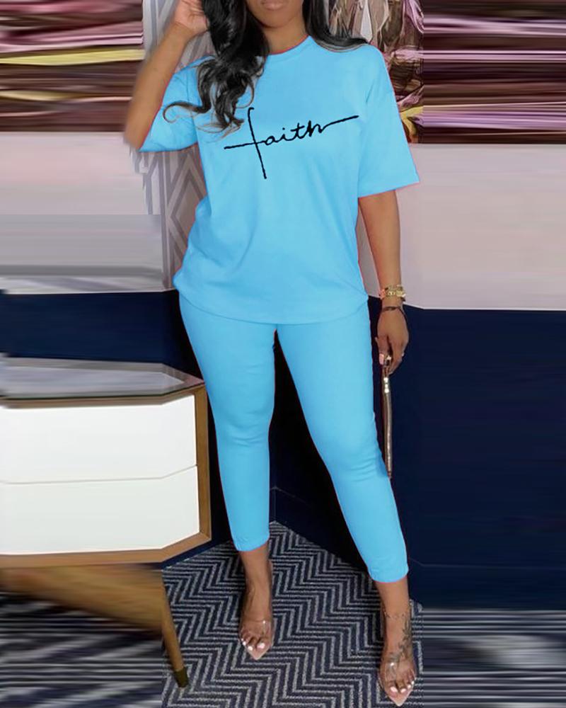 

Letter Pattern Half Sleeve Top & Drawstring Pants Set, Blue