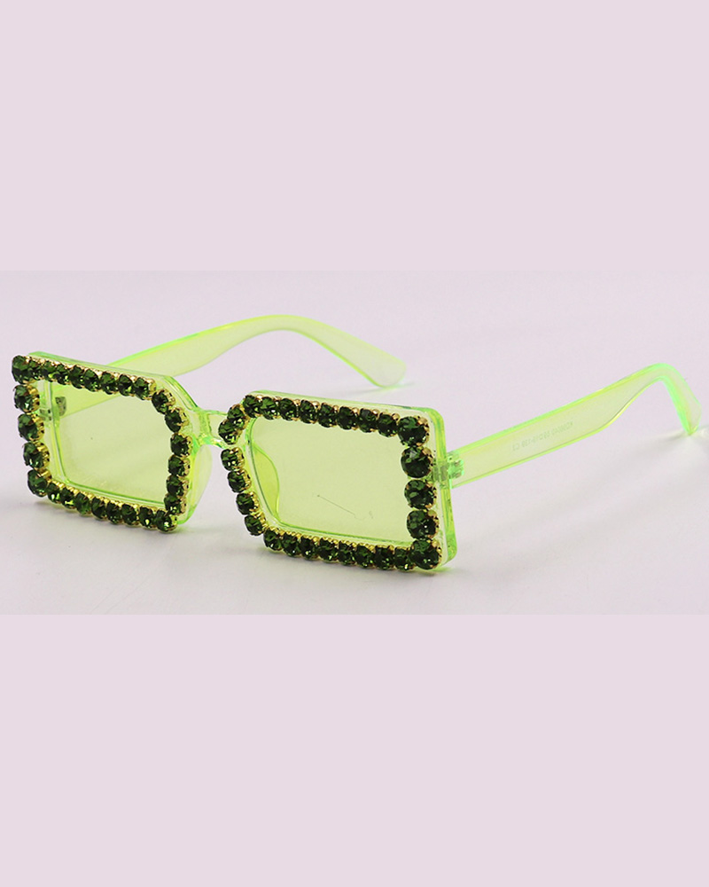 

1Pair Vintage Rhinestone Rectangular Trendy Tinted Sunglasses, Lvs green
